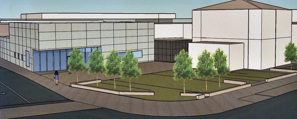 Schlossmuseum_Neubau Die Grafik zeigt links den Museumsneubau an der Oststraße, an den sich die Herminghaus-Villa (rechts) anschließt. Davor entsteht ein neuer Museumspark als Aktionsfläche im Außenbereich. Grafik: Stadt Velbert